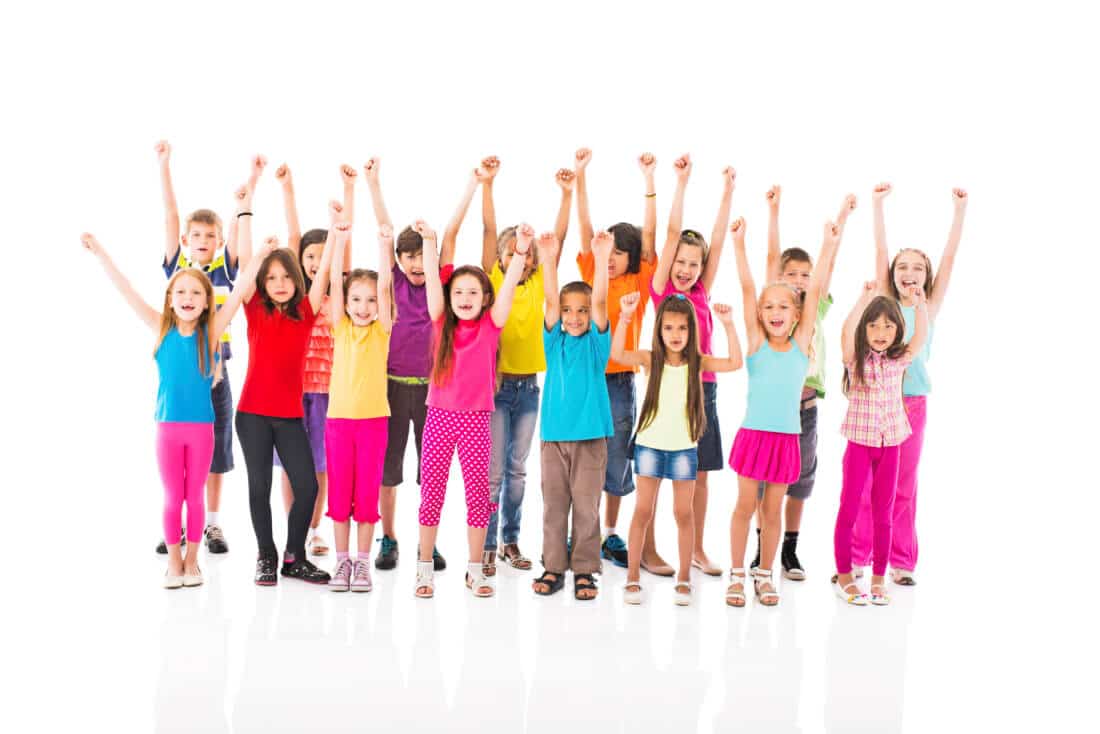 Large group of cheerful children with their hands raised looking at the camera. Isolated on white. 

http://kidsinperth.com

http://kidsinperth.com