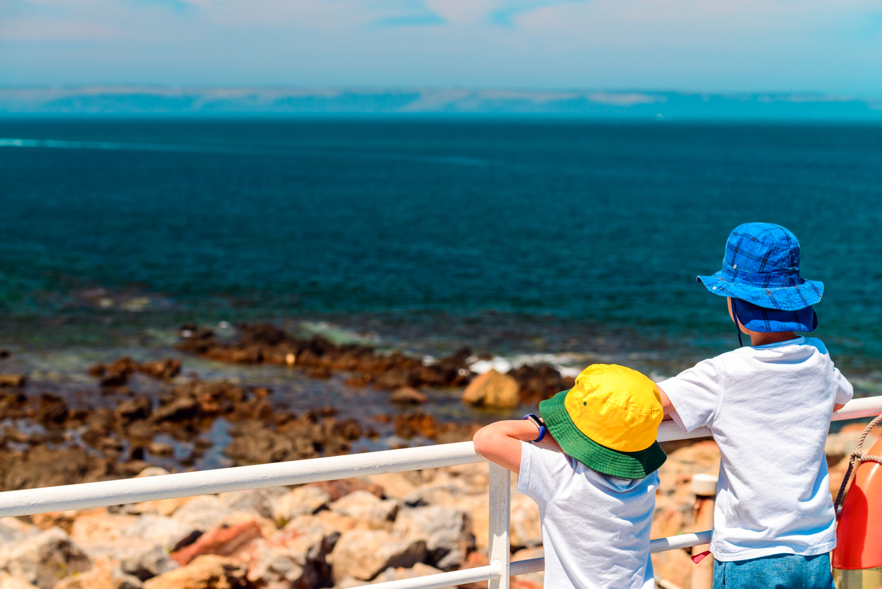Kids standing on a ferry deck and watching into the sea on the way to Kangaroo Island