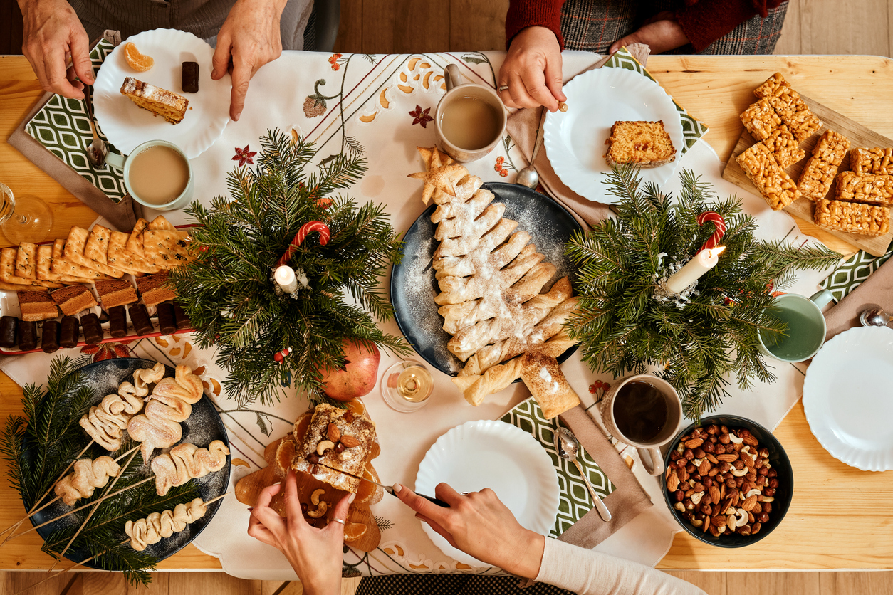 Christmas table top view, Christmas decor, Christmas dinner with the family